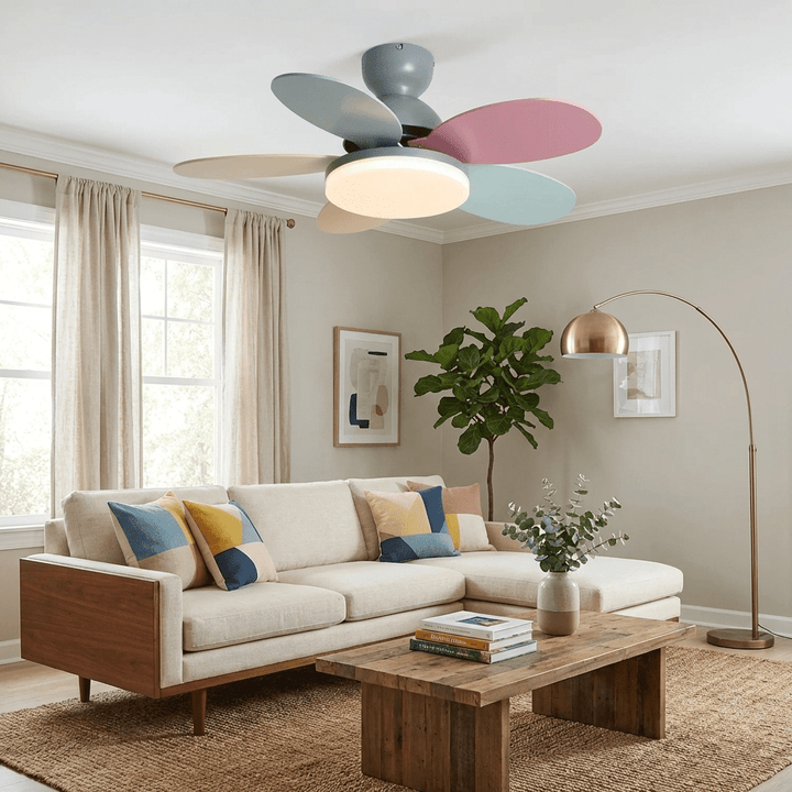 Quiet LED ceiling fan, remote operated, energy-saving for comfortable living spaces.