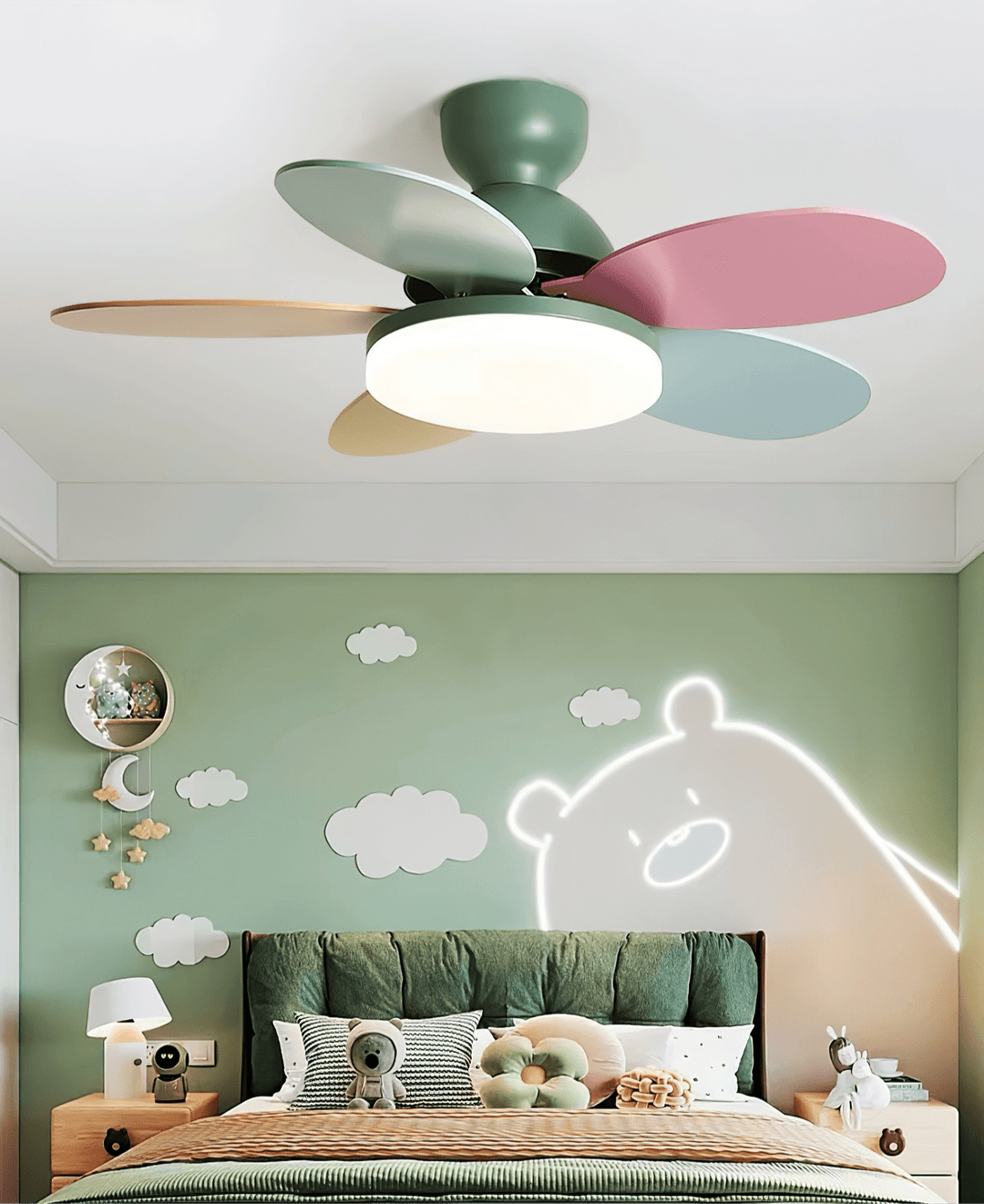 Quiet LED ceiling fan, energy-efficient, warm dimmable light, remote for peaceful settings.