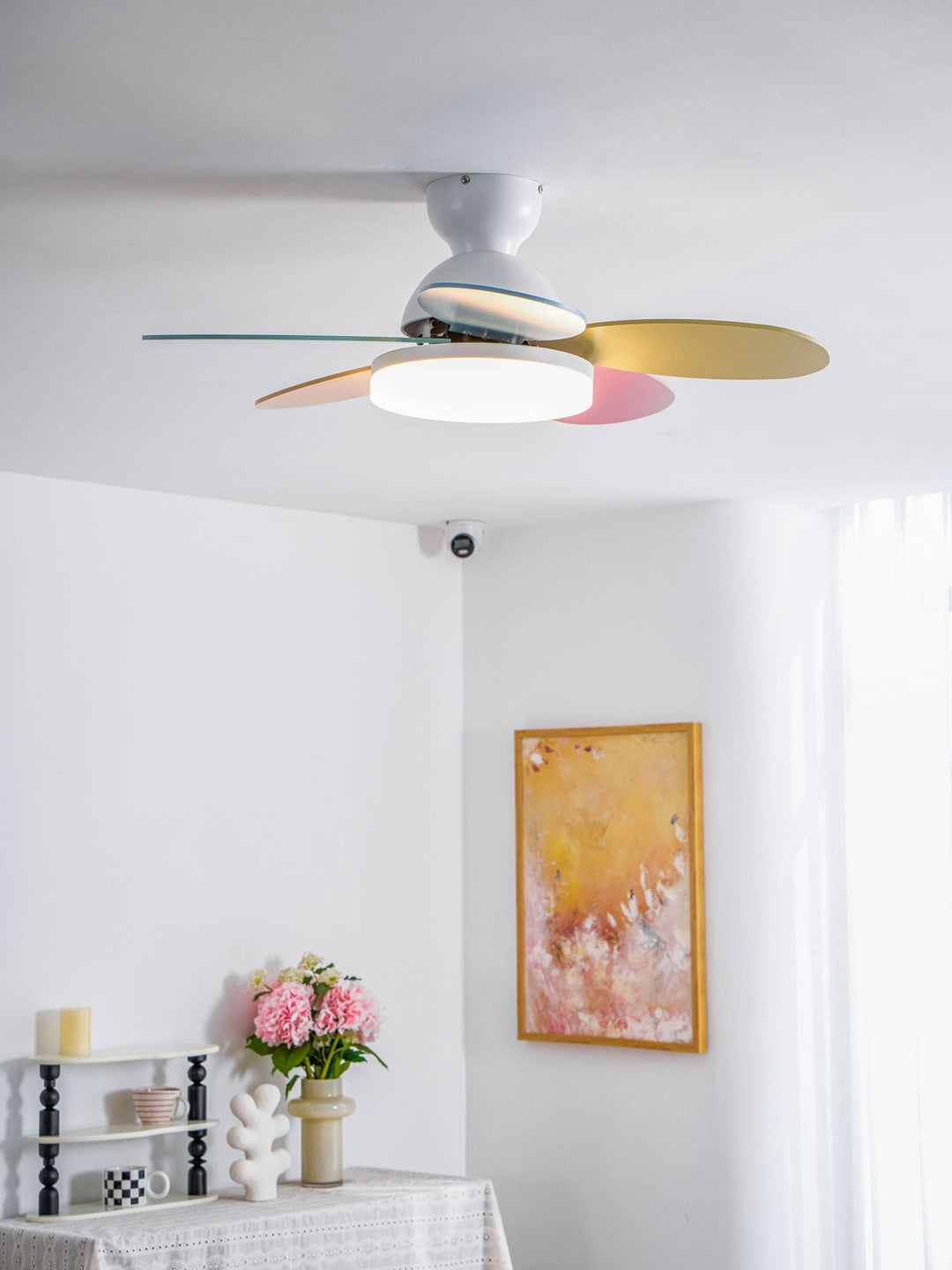 Contemporary LED fan, dimmable warm light, wood finish blades, remote for smart living.