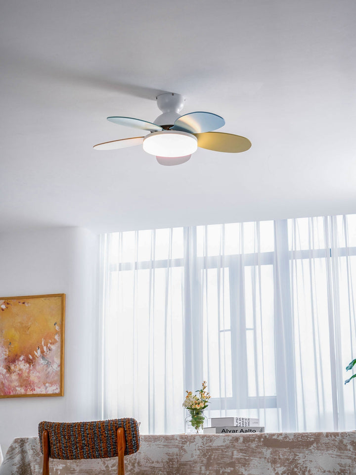 Modern LED ceiling fan light, wood blades, quiet, remote, ideal for hallways.