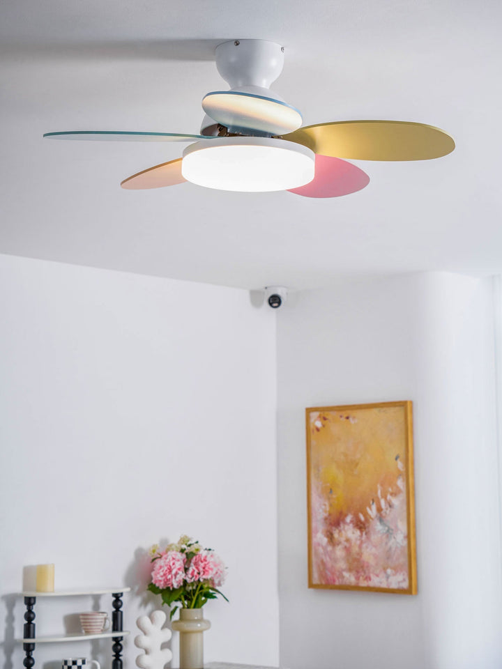 Elegant home decor LED fan, energy-saving, warm light, quiet motor, remote comfort.