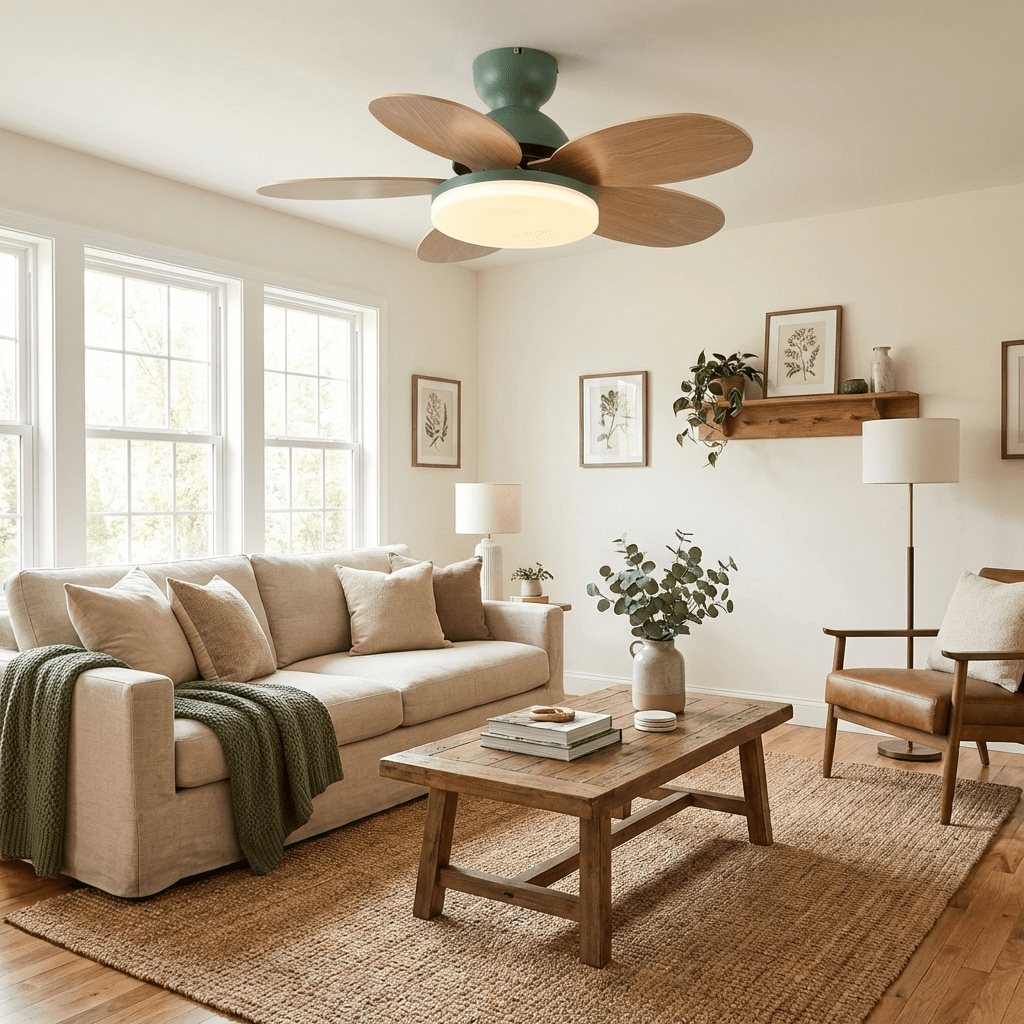 Elegant LED fan light, modern design, warm light, wood blades, adds style to any room.