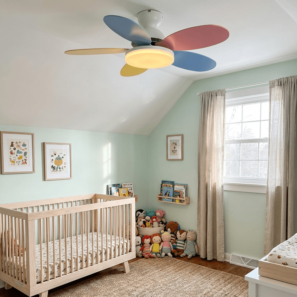 Sophisticated LED ceiling fan with remote, quiet motor, dimmable light for ambient atmosphere.