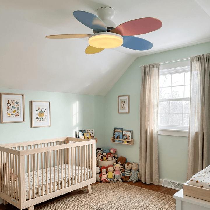 Sophisticated LED ceiling fan with remote, quiet motor, dimmable light for ambient atmosphere.