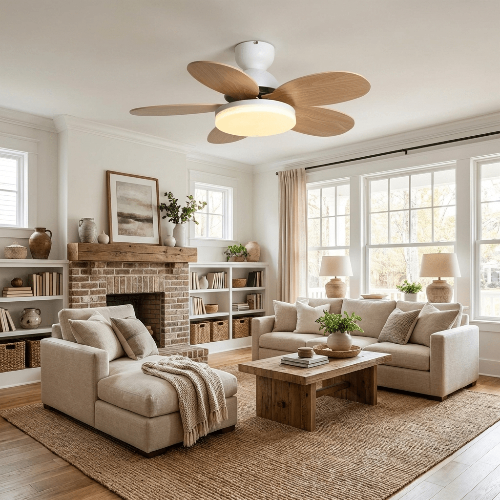 Sleek white LED ceiling fan light, modern aesthetic, energy-efficient for contemporary homes.