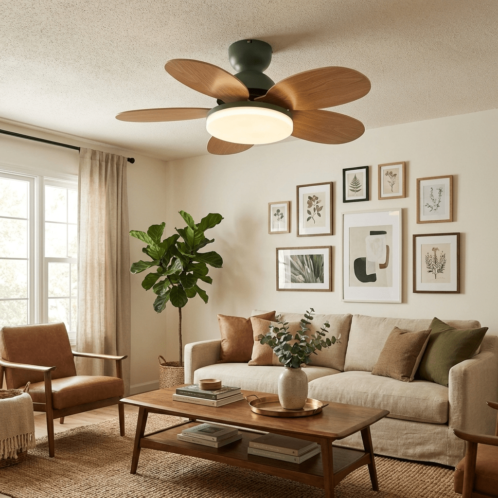 Black LED ceiling fan light with remote control, stylish and quiet for bedroom comfort.