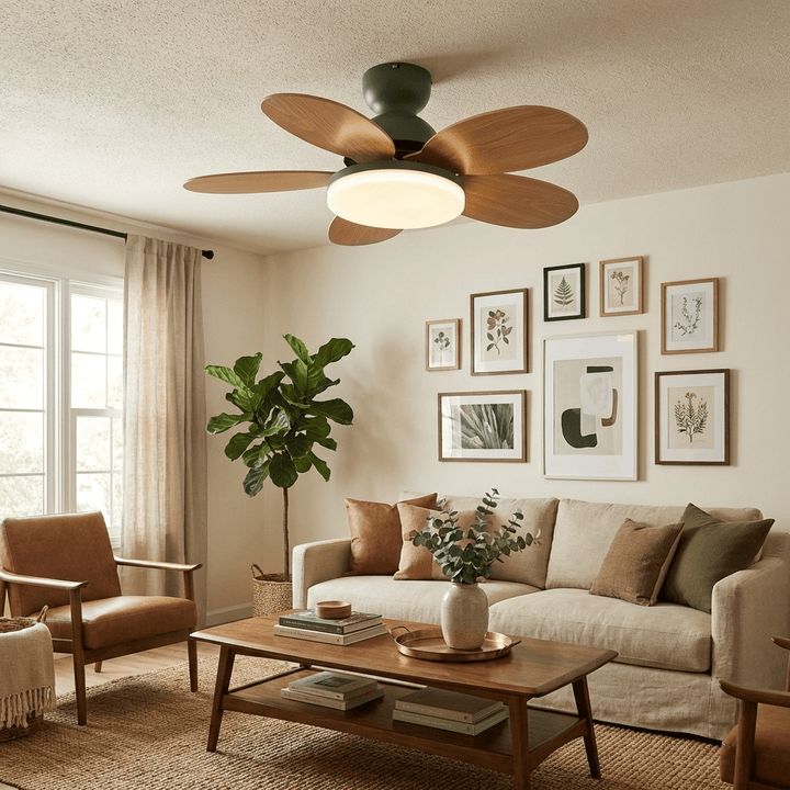 Black LED ceiling fan light with remote control, stylish and quiet for bedroom comfort.
