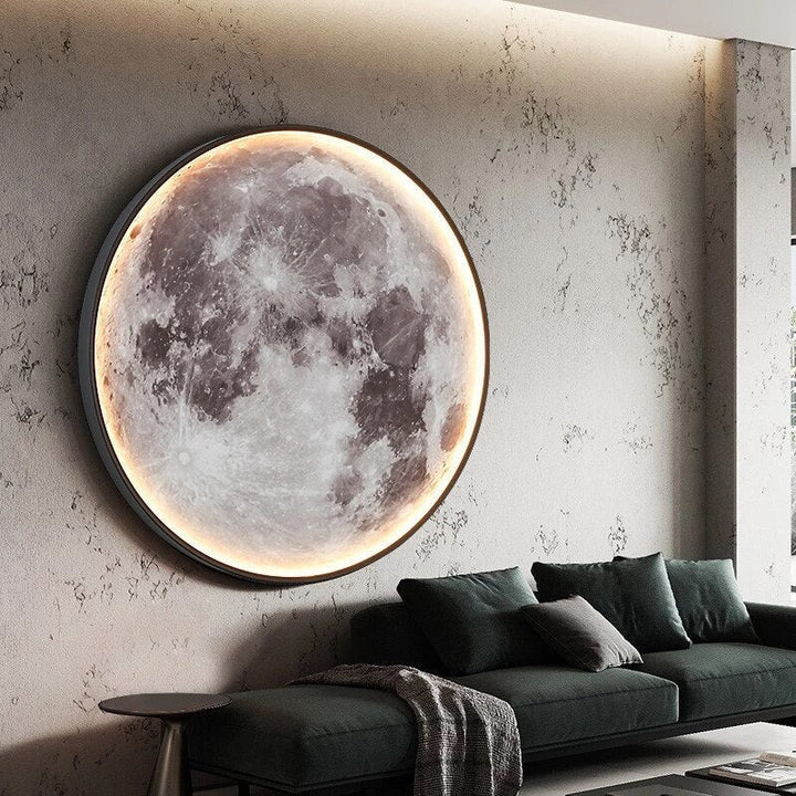 Elegant LED moon wall lamp, modern lunar decor for bedroom ambient lighting.