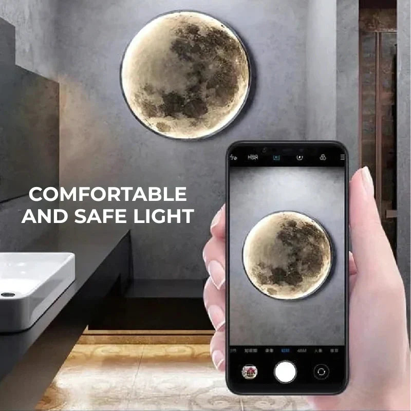 Modern LED moon wall lamp, decorative lighting for elegant bedroom or living room.