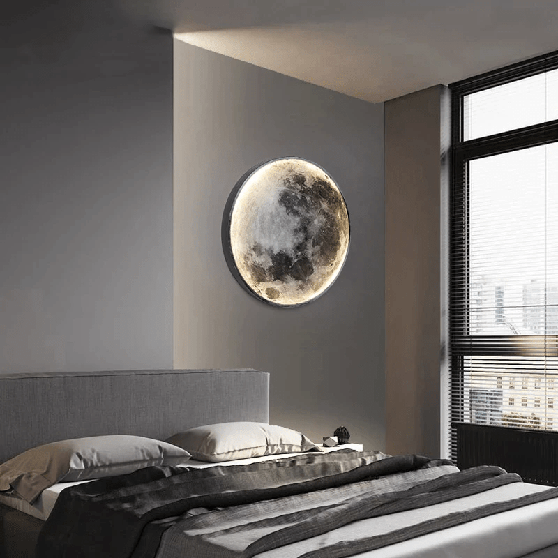 Serene LED moon wall lamp, lunar decor light, perfect for tranquil home ambiance.