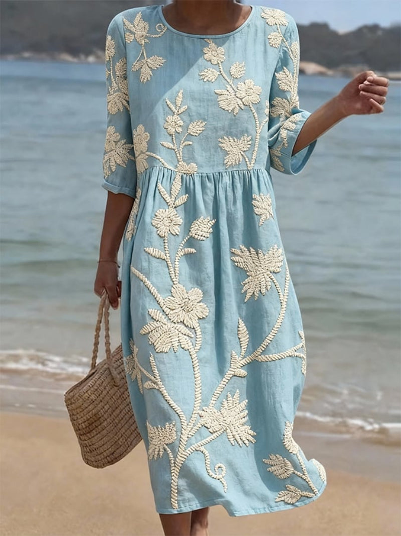 Elegant light blue embroidered midi dress for women, relaxed fit, perfect for spring/summer occasions.