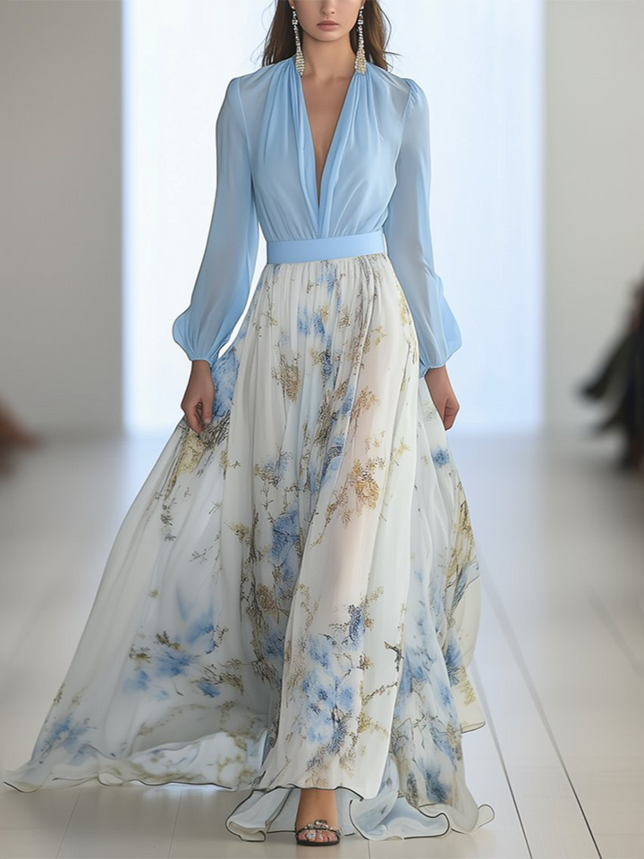 Elegant light blue women's maxi dress with gathered bodice & flowing print for special occasion wear.