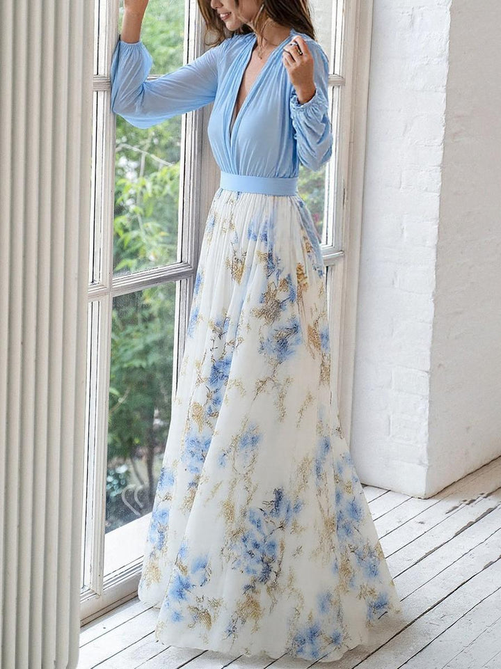 Sophisticated long flowing light blue maxi dress for women, perfect party or special occasion wear with print.