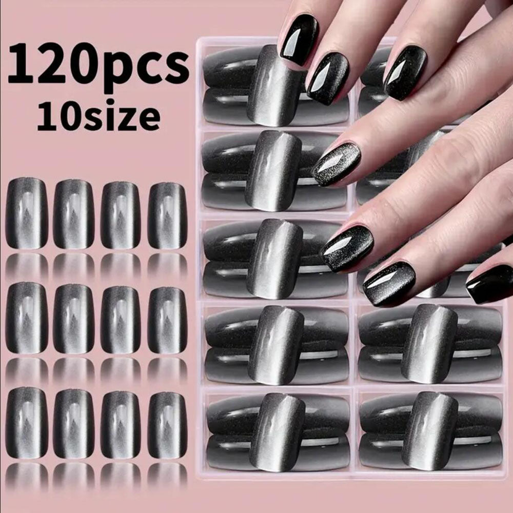 Elegant light green cat-eye press-on nails for women, a reusable artificial manicure set with shimmer.