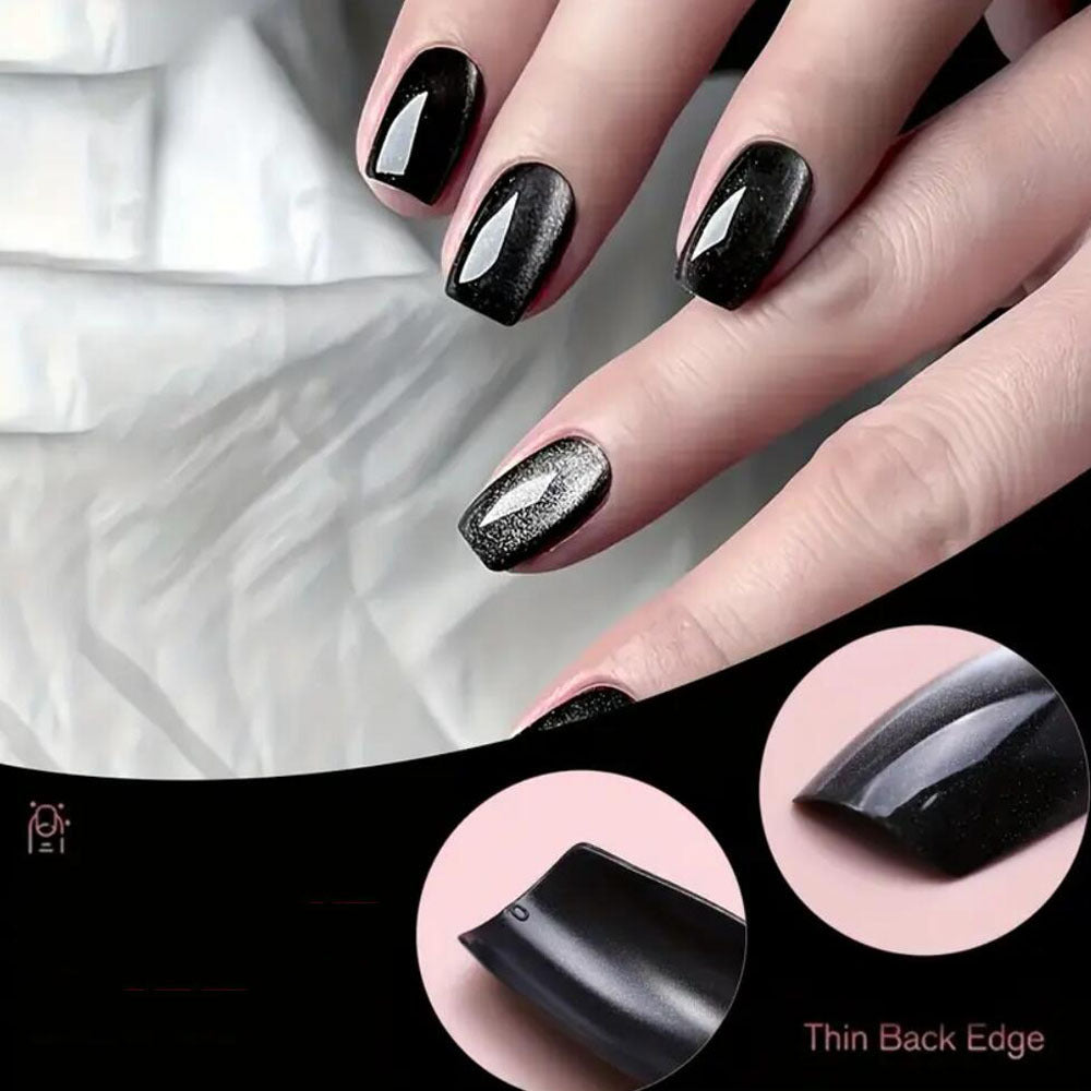 Women's light green cat-eye press-on nails set, offering an easy, reusable artificial nail art solution.