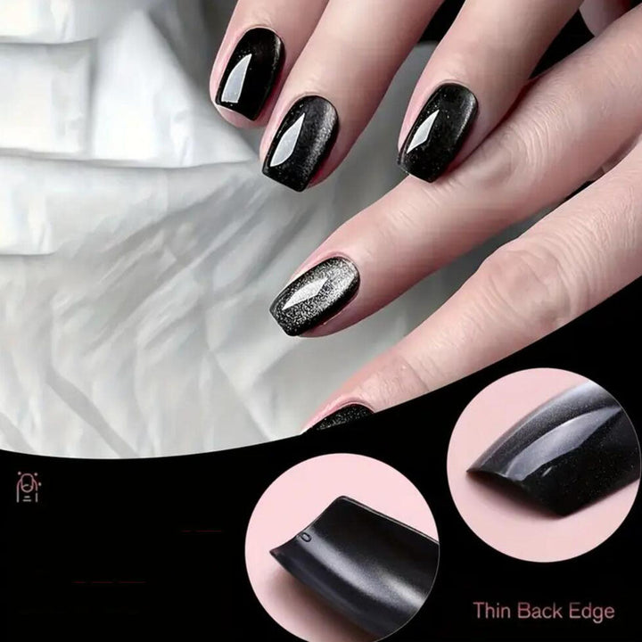 Women's light green cat-eye press-on nails set, offering an easy, reusable artificial nail art solution.