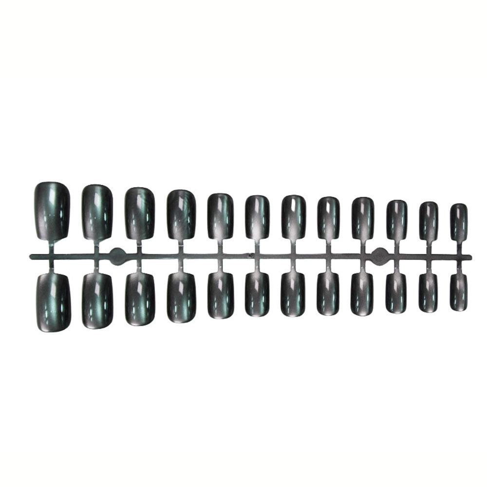 Chic light green cat-eye press-on nails, perfect for women seeking quick & stylish artificial nail art.