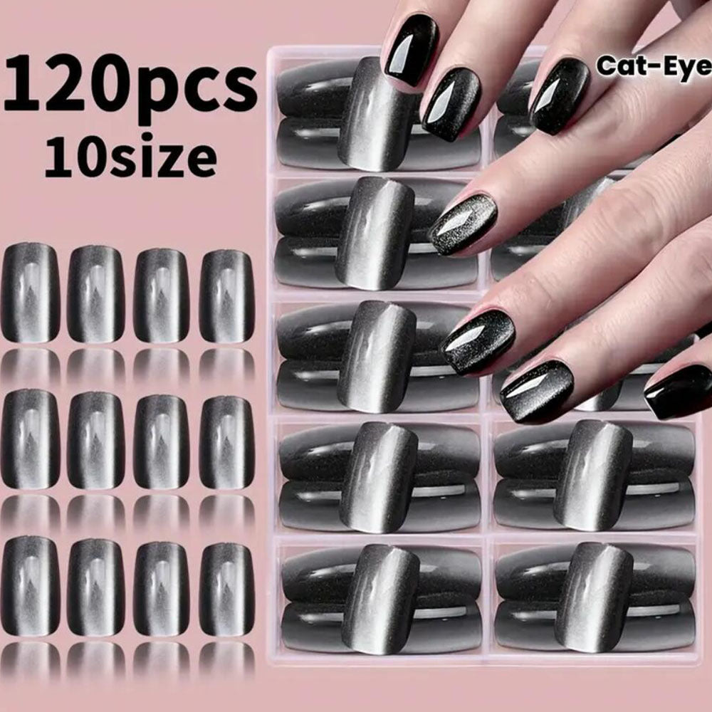 Reusable light green cat-eye press-on nails, an elegant artificial manicure set for women with shimmering finish.