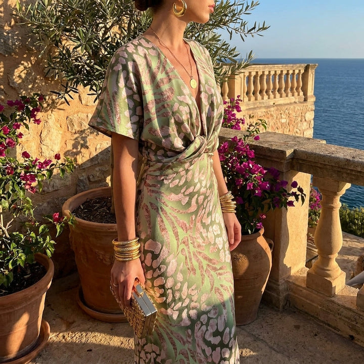 Elegant light green wrap maxi dress for women, perfect for wedding guests or formal evening wear.