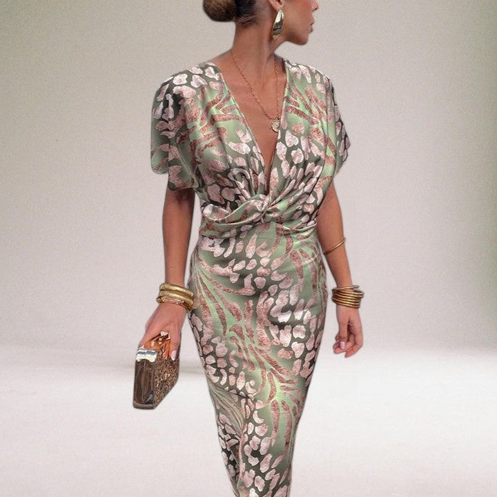 Flowing light green wrap maxi dress for women, an elegant choice for wedding guests & formal events.