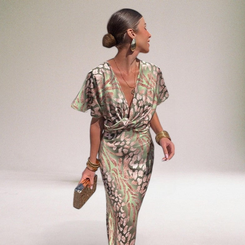 Women's formal light green wrap maxi dress, perfect sophisticated evening wear for special occasions.