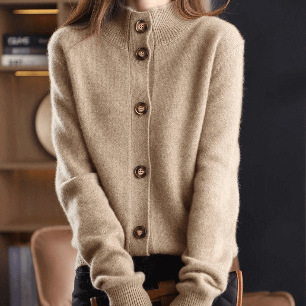 Beige long-sleeve women's cardigan, a cozy and elegant lightweight sweater for office or casual wear.
