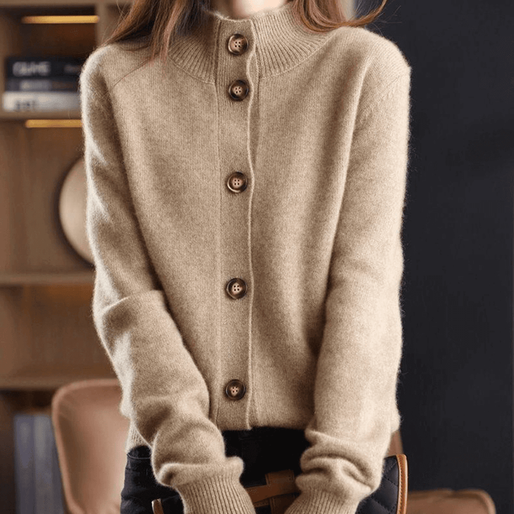 Beige long-sleeve women's cardigan, a cozy and elegant lightweight sweater for office or casual wear.