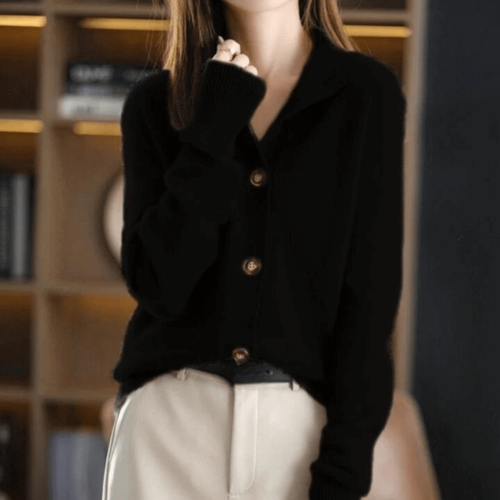 Black elegant women's lightweight cardigan, cozy versatile knitwear ideal for layering in fall or spring.
