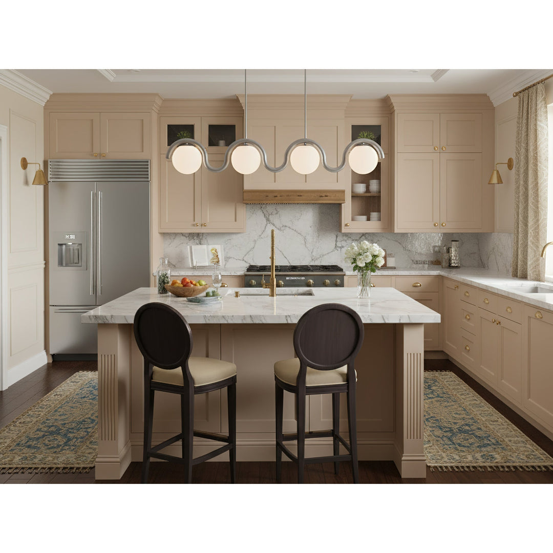Elegant adjustable linear pendant, glass & metal for dining.