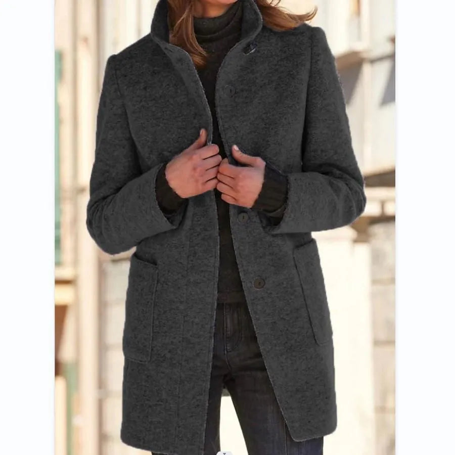 Professional women's long coat with button-front closure, ideal for stylish winter & autumn fashion.