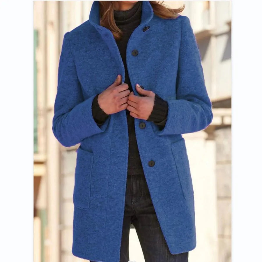 Women's timeless long coat with elegant design. Ideal for sophisticated autumn, winter, or professional wear.