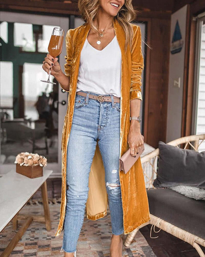 Elegant long duster cardigan for women, perfect for versatile layering & chic style.