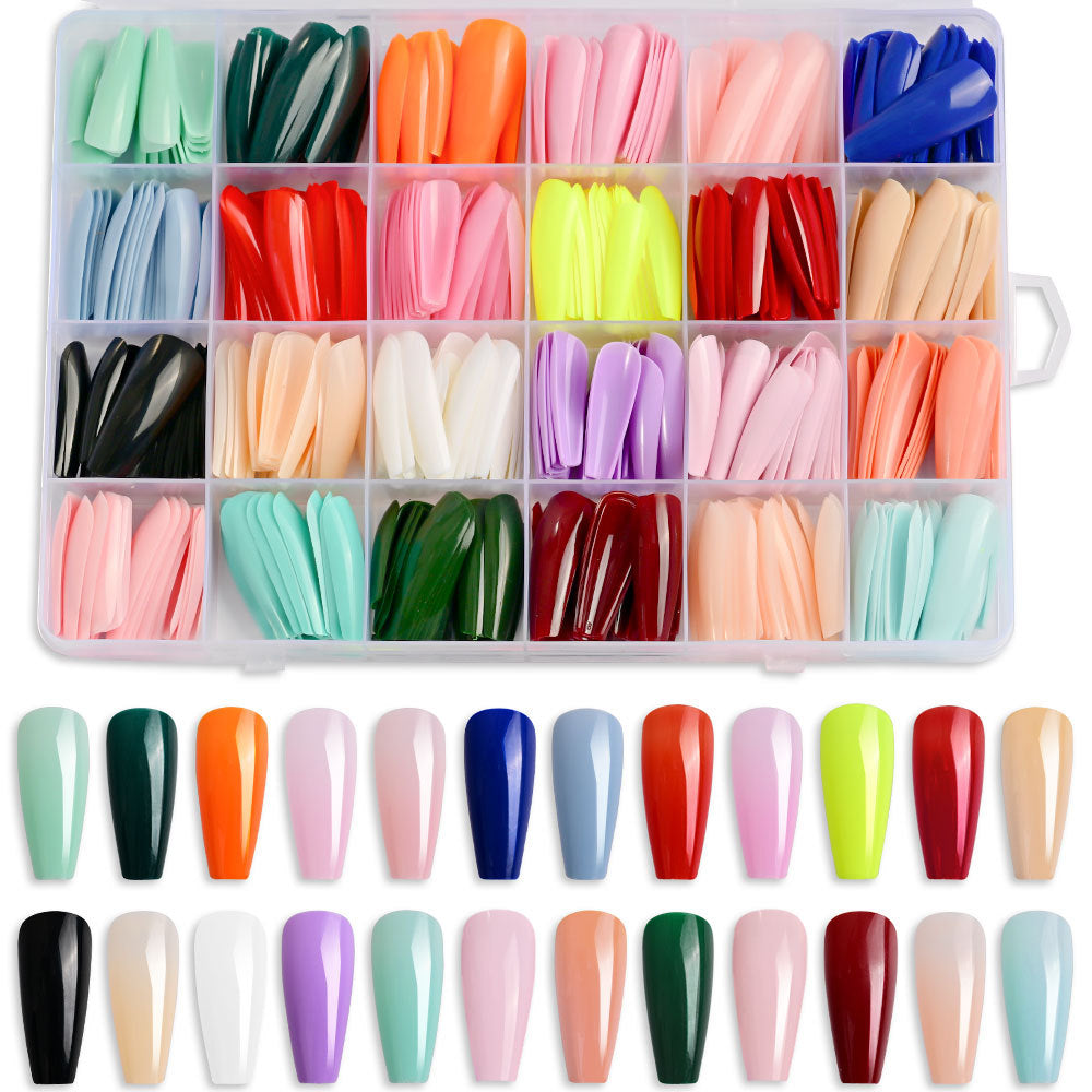 Elegant long false nail tips for women, perfect for a stunning manicure. Easy press-on DIY nail art accessory.