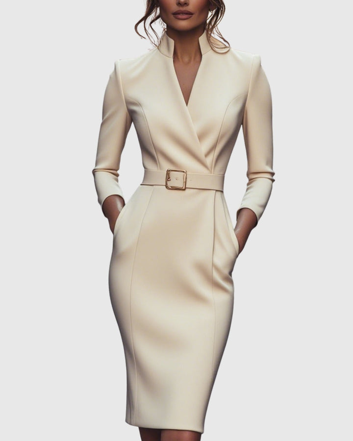 Long sleeve bodycon midi dress. Elegant women's cocktail & evening wear with a refined silhouette.