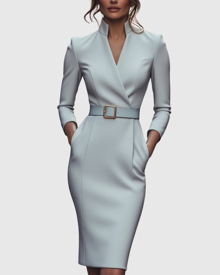 Elegant midi length bodycon dress with long sleeves. Perfect for women's sophisticated cocktail events.