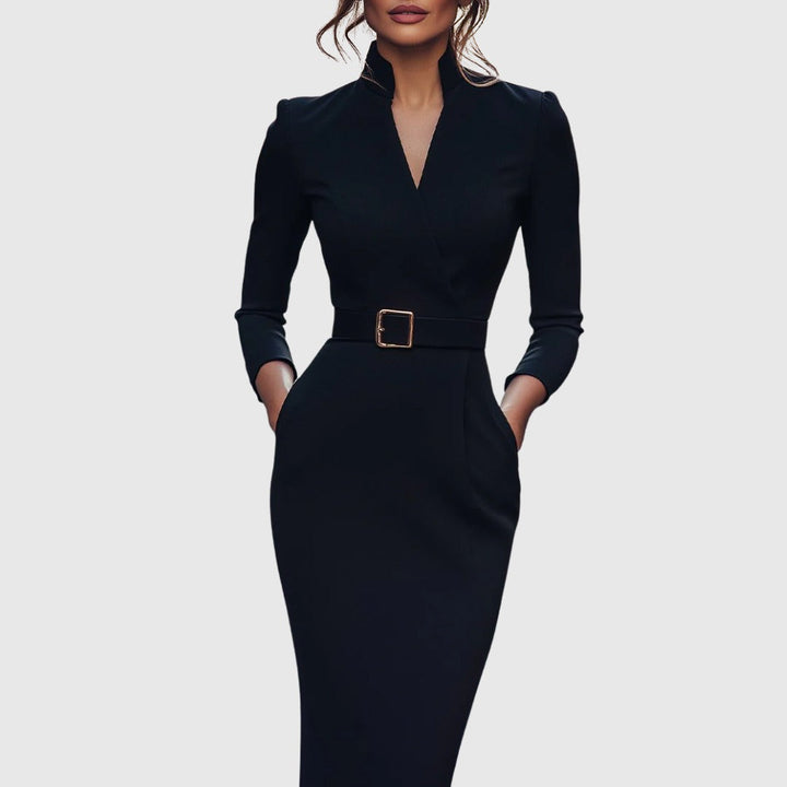 Black elegant long sleeve bodycon midi dress. Sophisticated women's evening & cocktail attire.