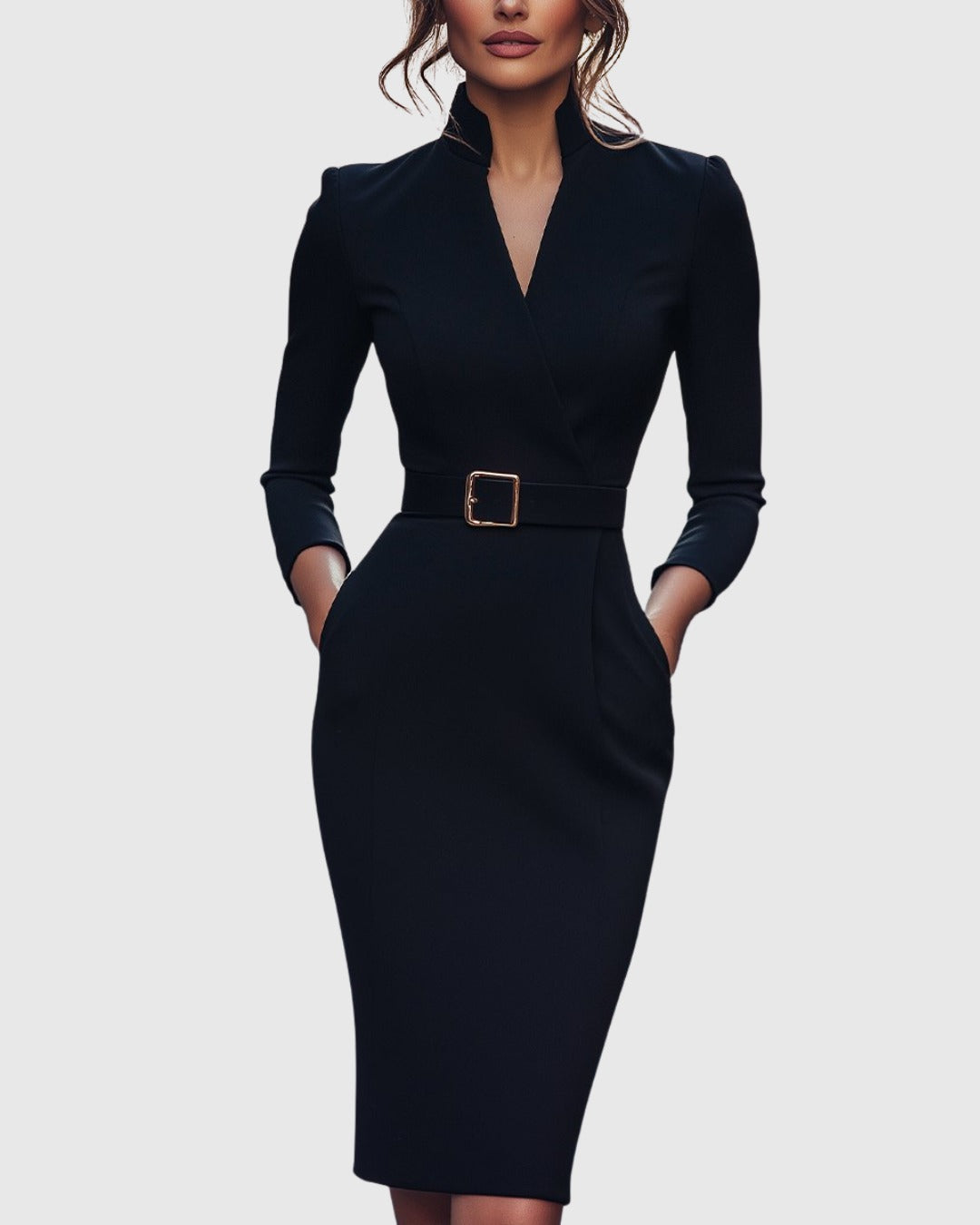 Navy blue long sleeve bodycon midi cocktail dress. Elegant women's party & date night outfit.