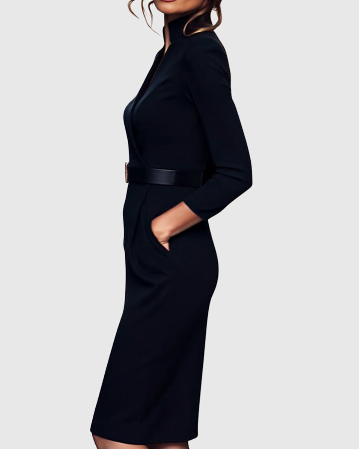 Apricot elegant long sleeve bodycon midi dress. Chic women's cocktail & evening fashion.