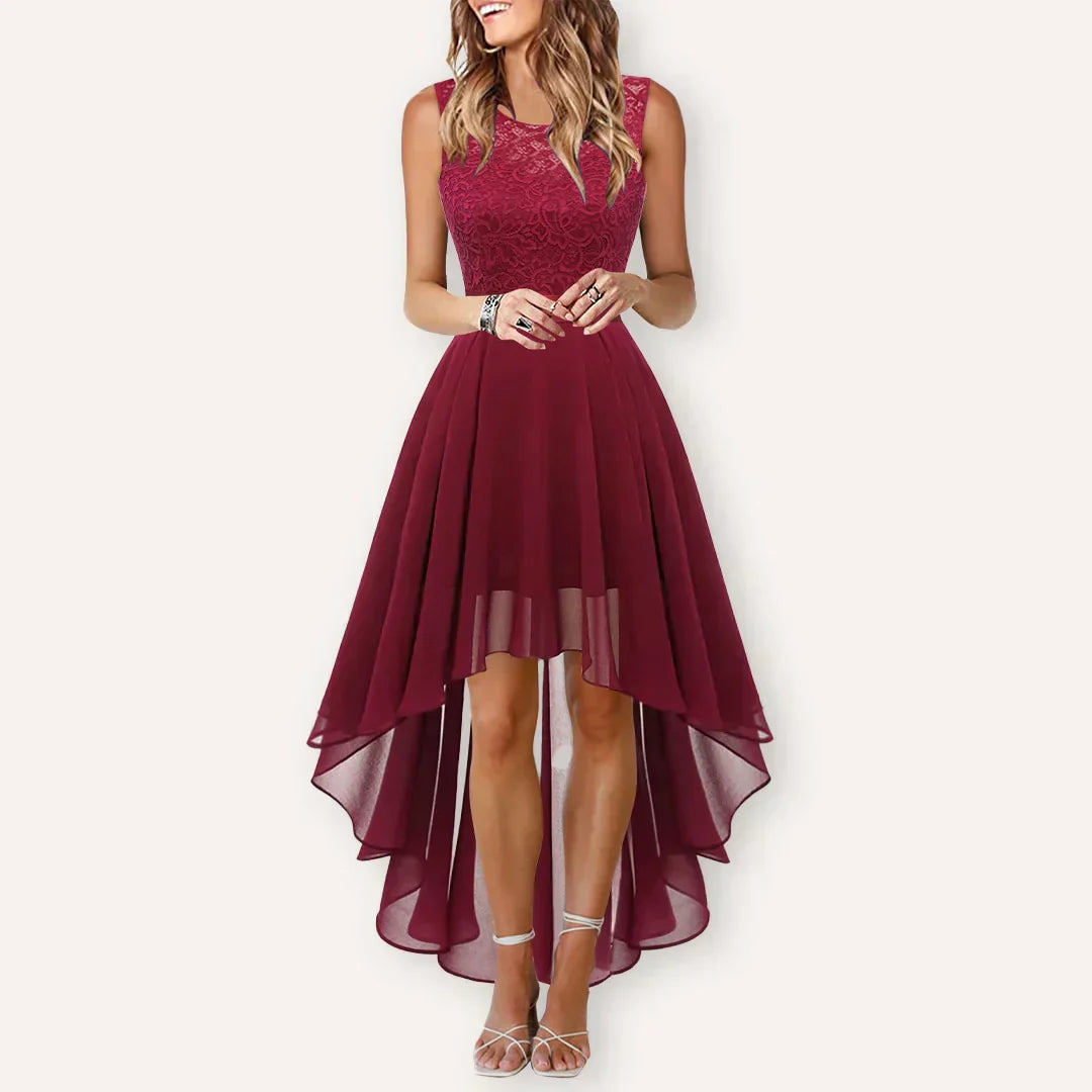 Formal long sleeve embellished women's midi dress, perfect as a wedding guest outfit or evening gown.