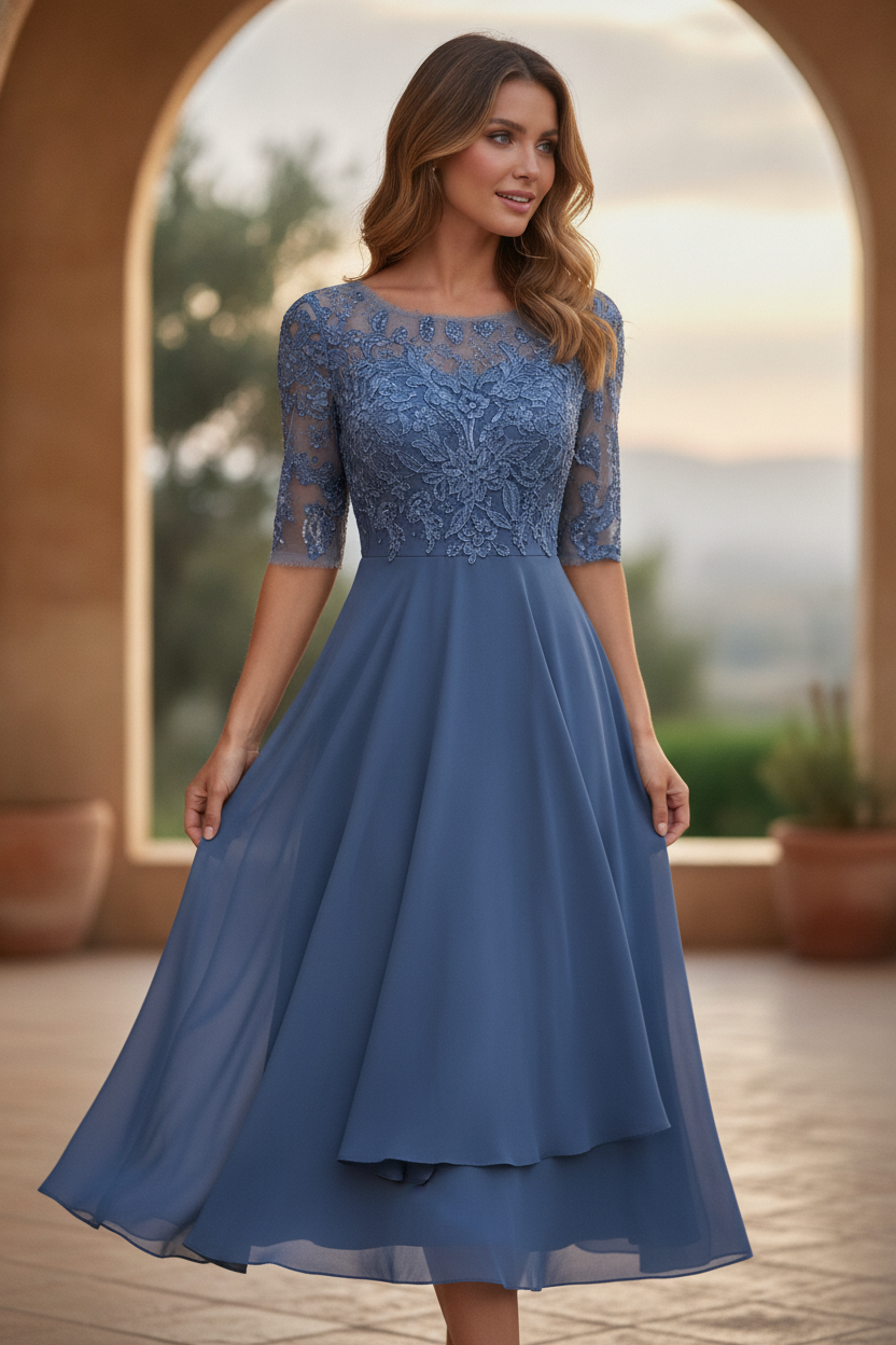 Elegant long sleeve midi dress for women, perfect as a sophisticated wedding guest or formal occasion dress.