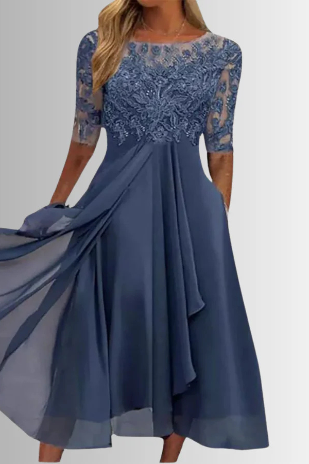 Stylish long sleeve midi dress for summer weddings. Elegant women's fashion for sophisticated party guests.