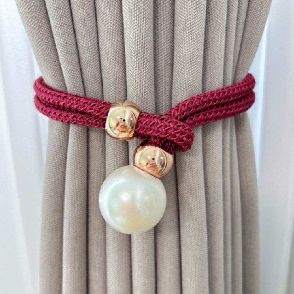Set of 2 elegant pearl curtain tie backs with strong magnetic closure for easy window styling.