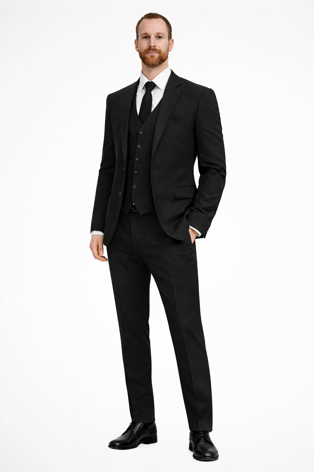 Elegant men's 3-piece suit for wedding guests. Tailored blazer, waistcoat & trousers for formal events.