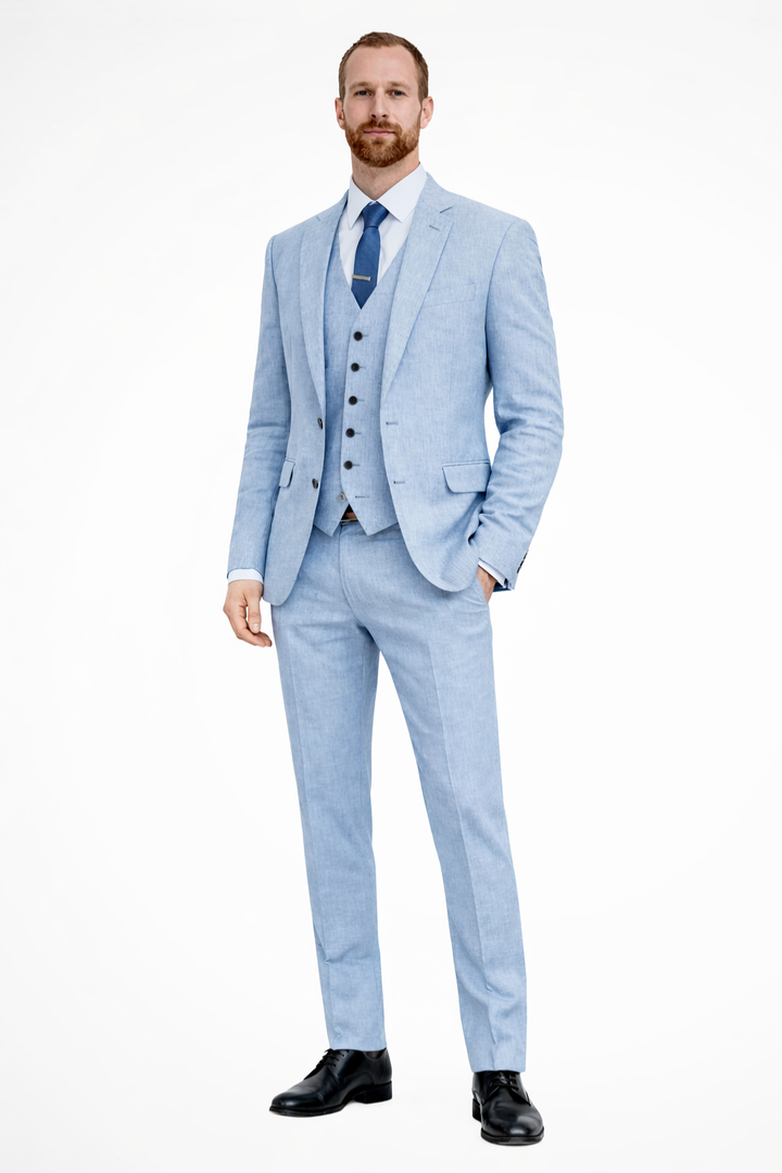 Smart tailored men's suit, perfect formal wear for wedding guests. A complete three-piece outfit.