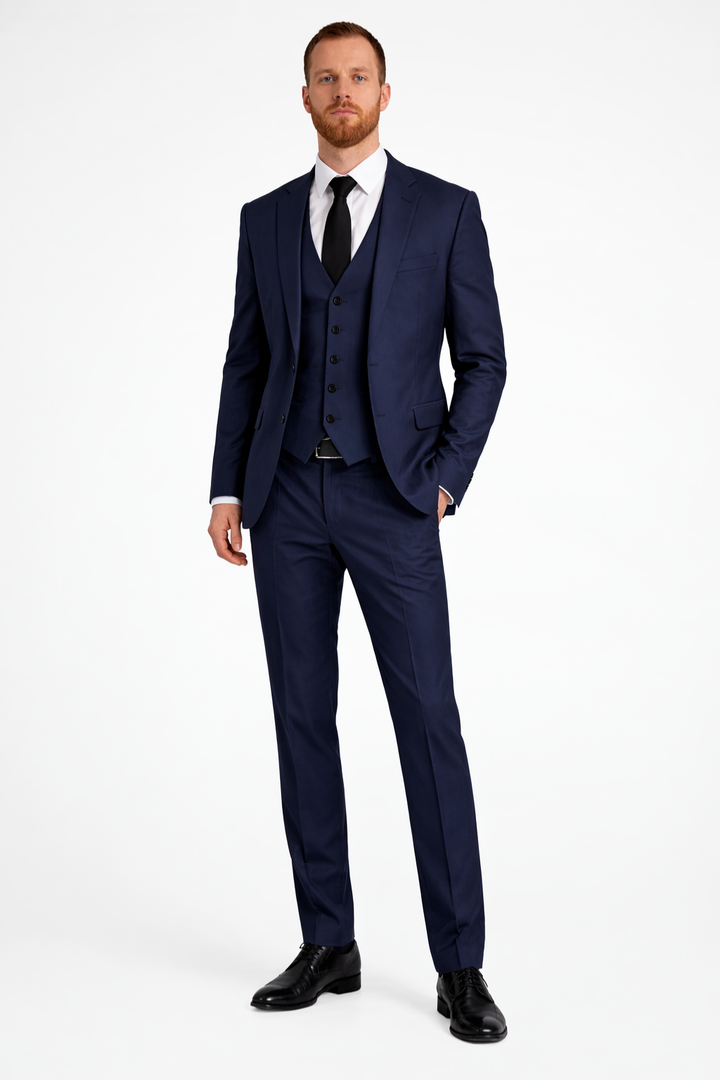 Men's formal 3-piece suit: a sleek blazer, elegant waistcoat, and well-fitted suit trousers.