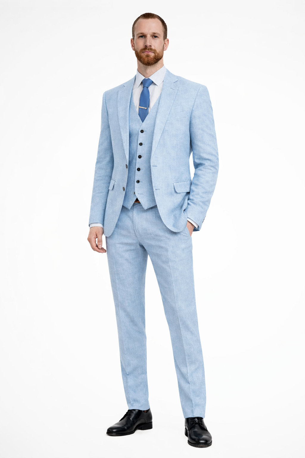 Wedding guest men's suit. A complete three-piece set: blazer, waistcoat & trousers for formal attire.