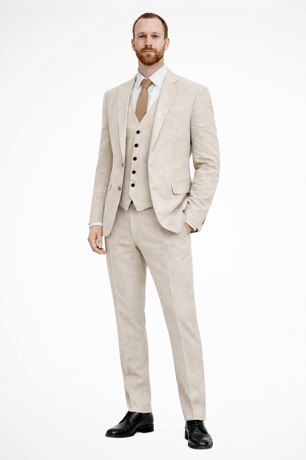 Tailored men's suit for formal events. Elegant 3-piece wedding guest outfit with blazer, vest, trousers.