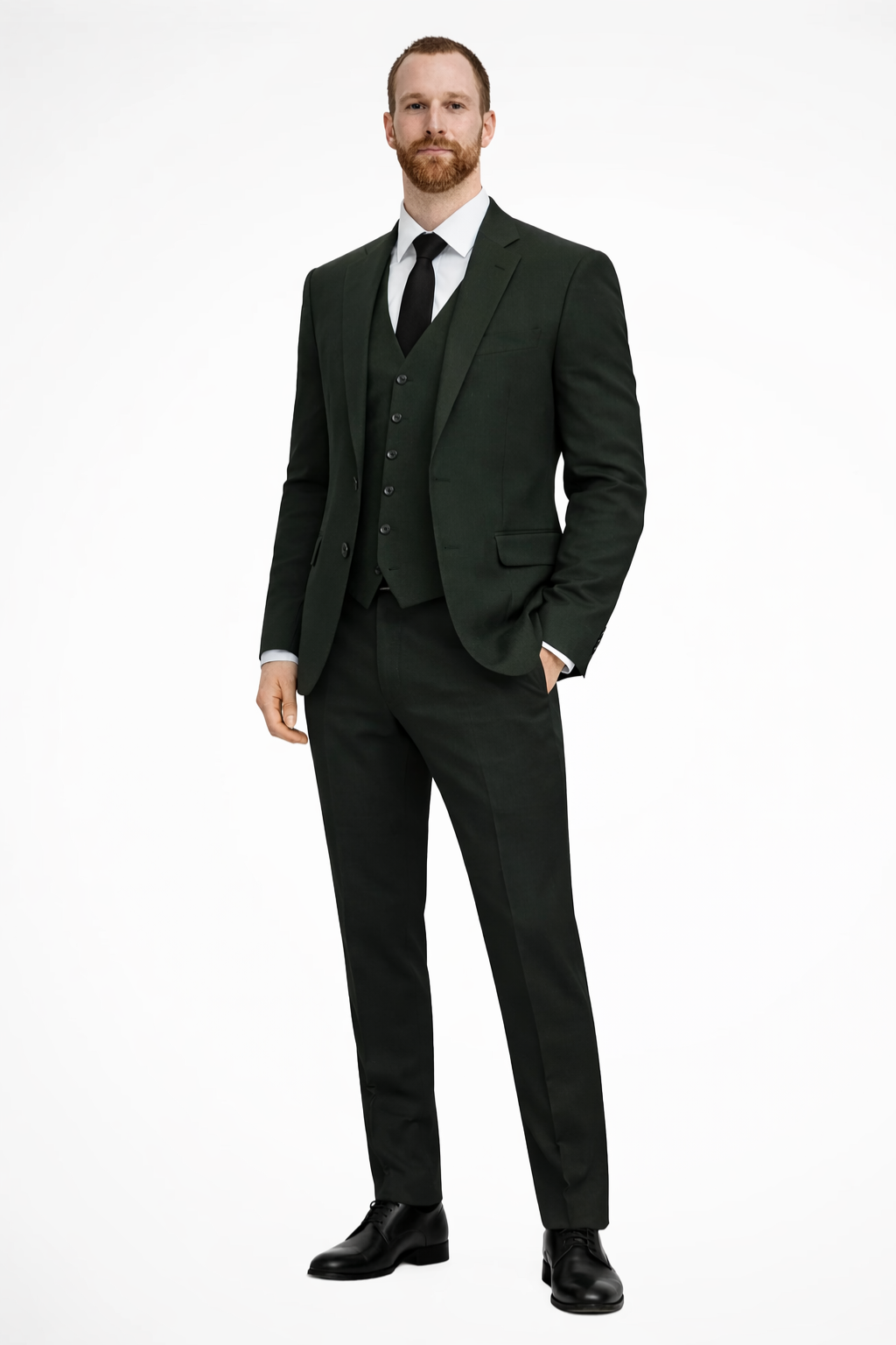 Modern men's formal suit. A complete three-piece set for smart event wear, including a blazer & vest.