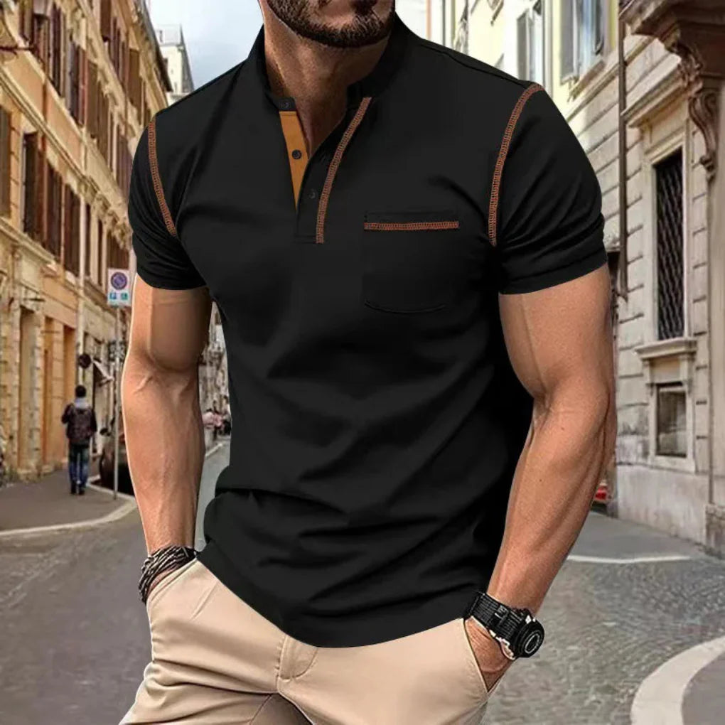 Elegant men's black short sleeve polo shirt, perfect for smart casual wear or golf. Versatile everyday top.