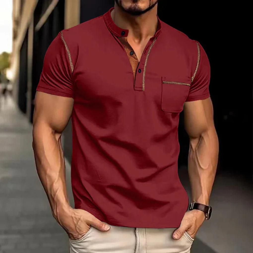 Stylish men's dark blue polo shirt, a smart casual golf top. High-quality short sleeve men's fashion essential.
